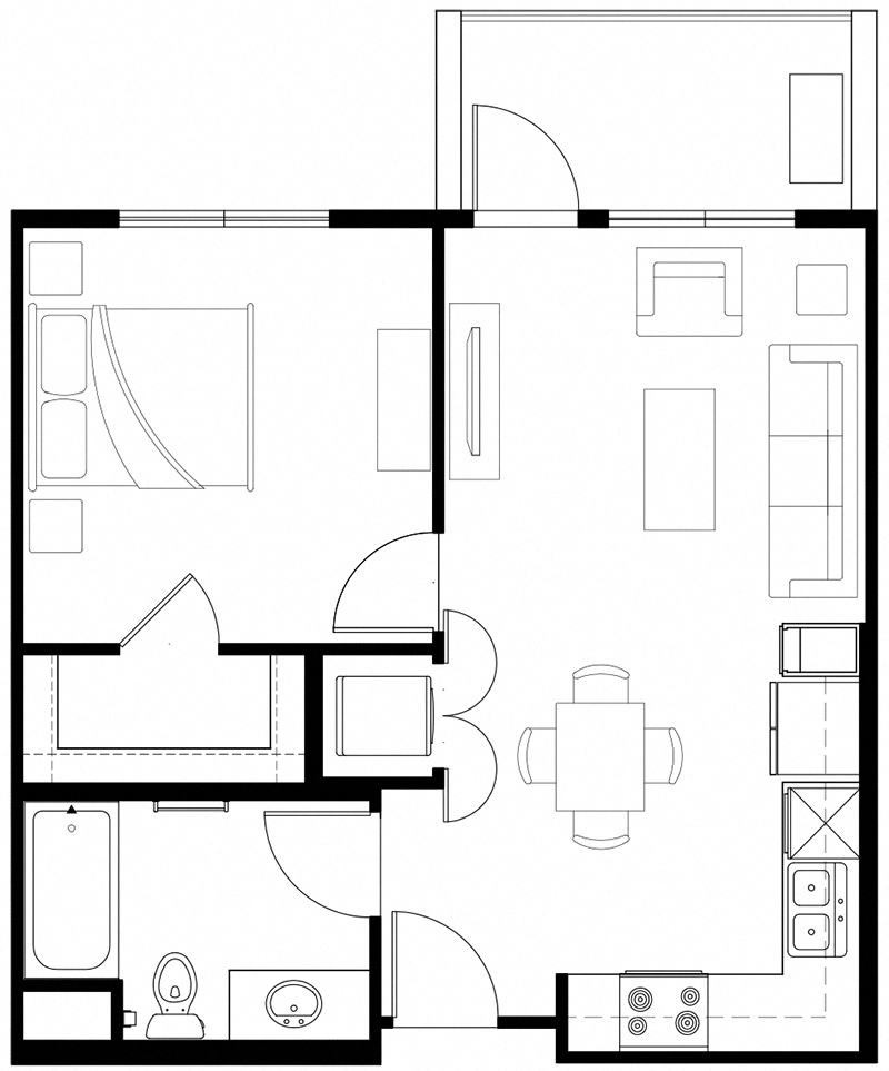 Floor plan for 1 bed, 1 bath, 654 sqft
